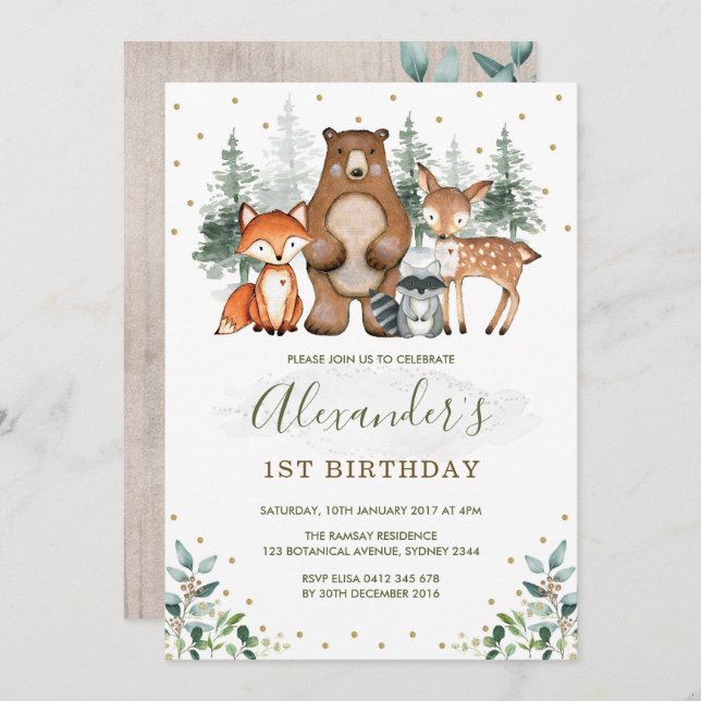 Woodland Birthday Forest Animals Greenery Gold Invitation (Front/Back)