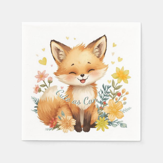 Woodland Birthday Fox Yellow Hearts Neutral Party Napkin (Front)