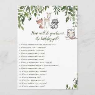 Woodland Birthday Game - Who knows Birthday Girl Invitation