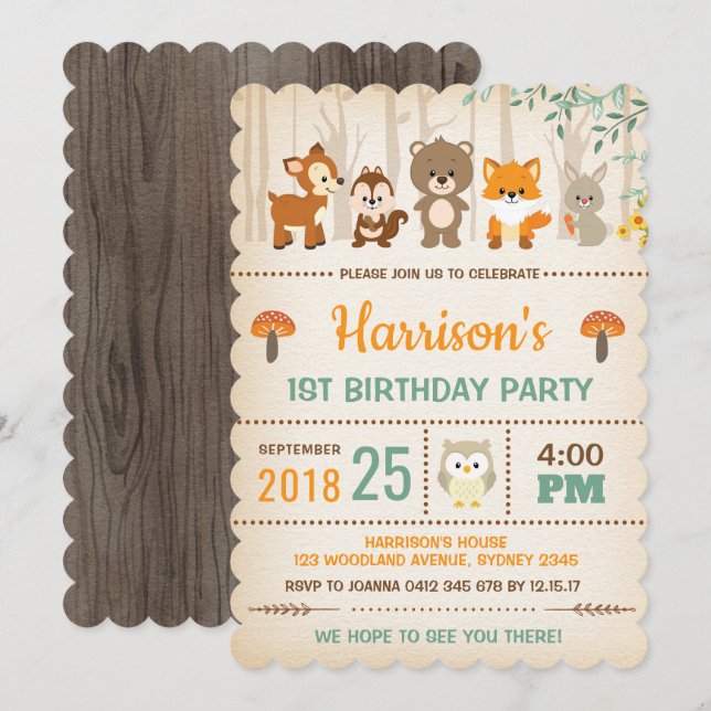 Woodland Birthday Invitation Forest Animal Party (Front/Back)