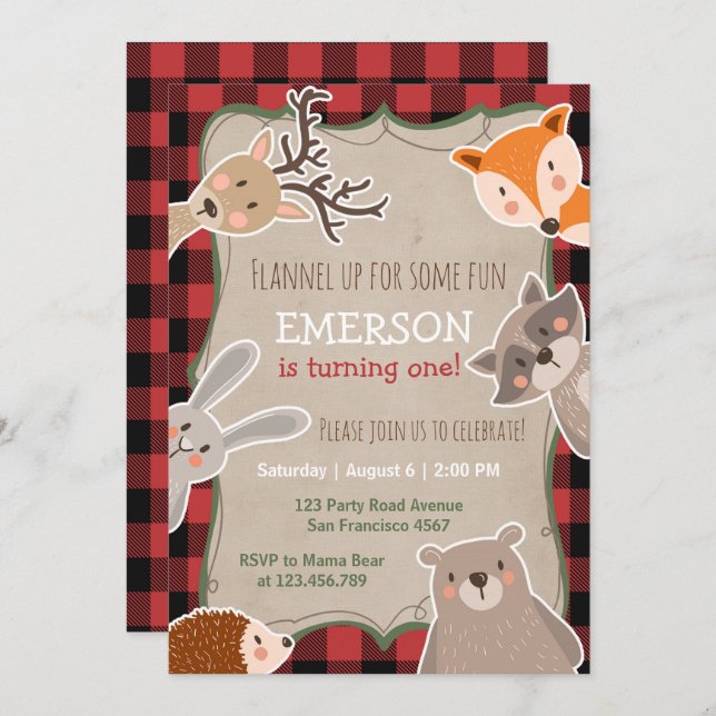 Woodland Birthday Invitation Lumberjack Fox Bear (Front/Back)