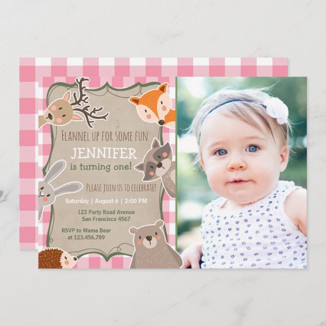 Woodland Birthday Invitation Lumberjack Girl Pink (Front/Back)