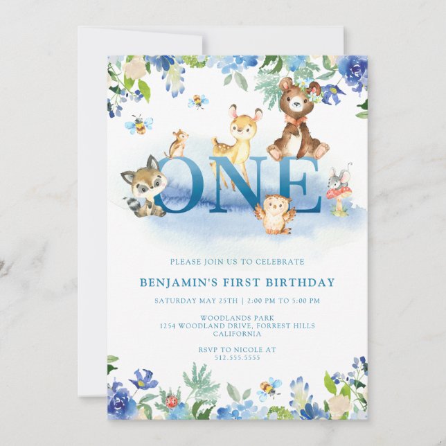 Woodland Blue 1st Birthday Invitation (Front)