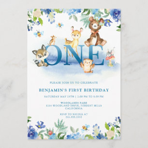 Woodland Blue 1st Birthday Invitation