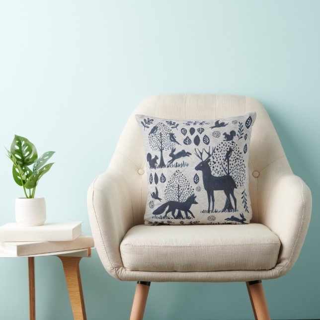 Woodland Blue and White Animal Fox Bird Silhouette Cushion (Chair)