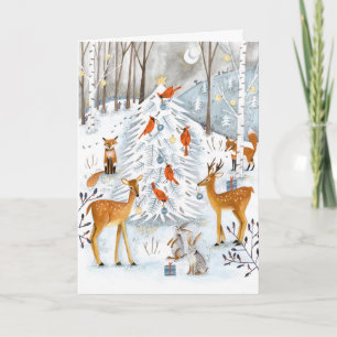 Woodland blue & white Tree and animals Forest Holiday Card