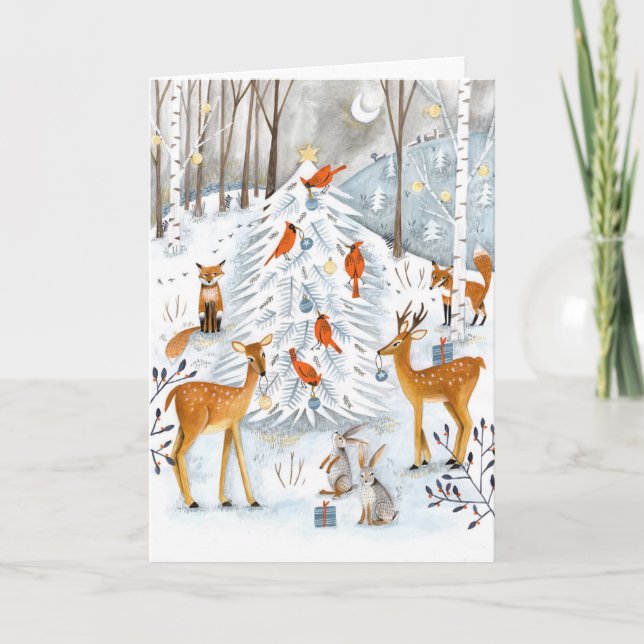 Woodland blue & white Tree and animals Forest Holiday Card (Front)