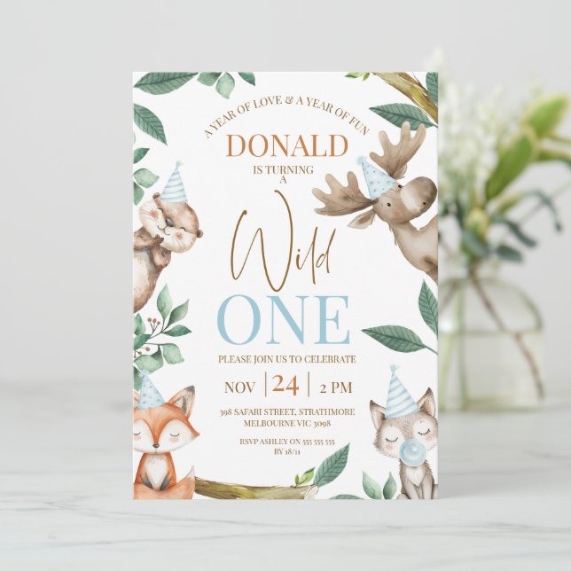 Woodland Blue Wild One 1st Birthday  Invitation (Standing Front)
