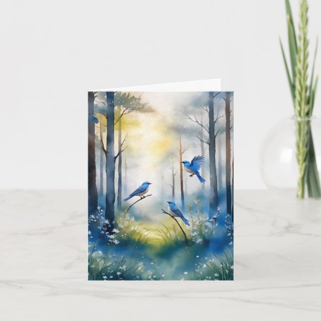 Woodland Bluebirds Scenic Forest Note Card (Front)