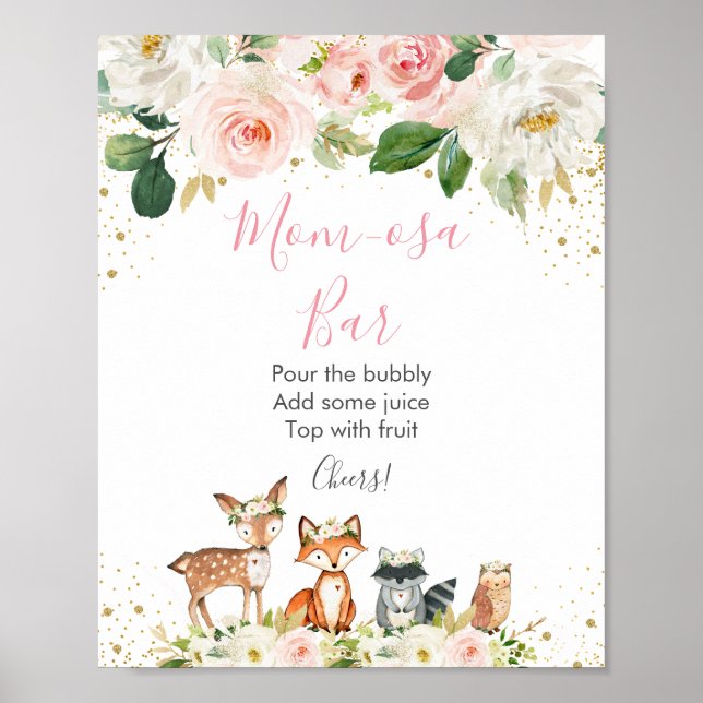 Woodland Blush Floral Baby Shower Mimosa Bar Poster (Front)