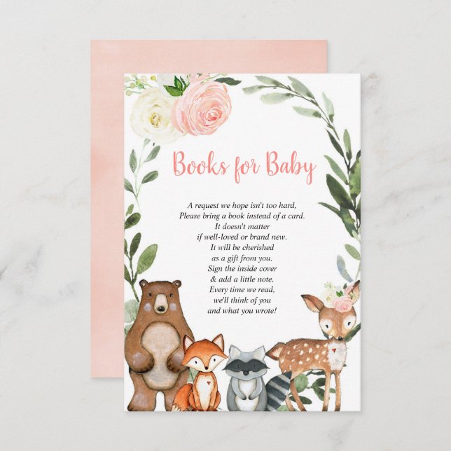 Woodland blush pink book request girl baby shower  enclosure card (Front/Back)