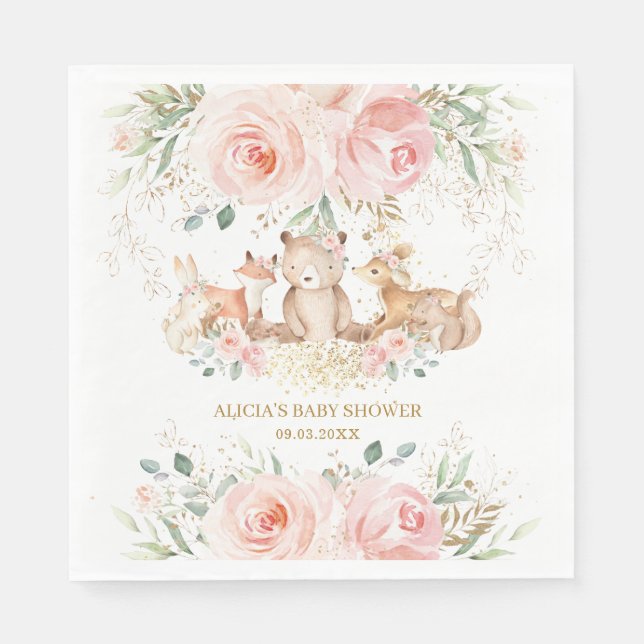 Woodland Blush Pink Floral Baby Shower Birthday  Napkin (Front)
