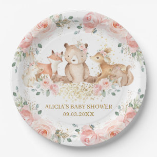 Woodland Blush Pink Floral Baby Shower Birthday Paper Plate