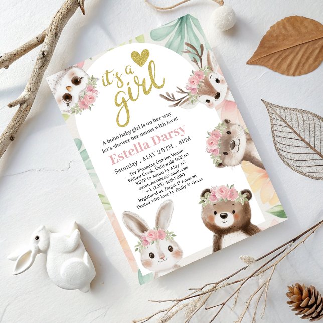 Woodland Boho Girl Baby Shower with Pink Floral  Invitation (Creator Uploaded)
