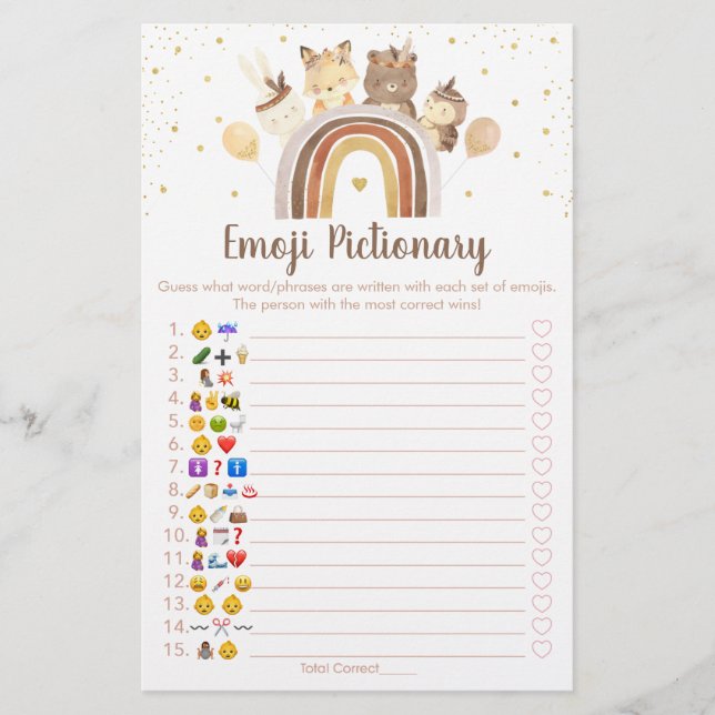 Woodland Boho Rainbow Emoji Pictionary Shower Game (Front)