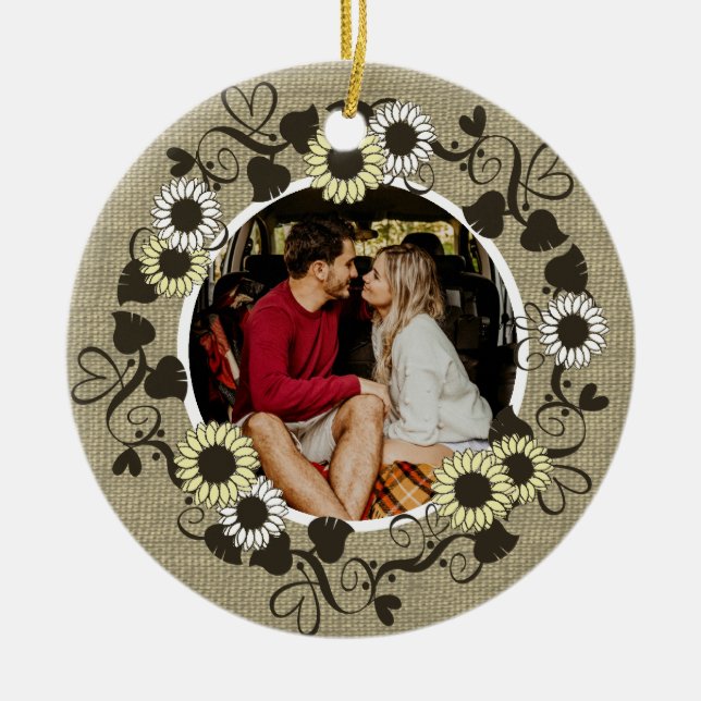 Woodland BOHO Sunflower Photo Ceramic Ornament (Front)