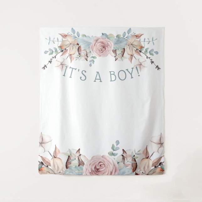 Woodland BOHO Virtual Boy Baby Shower Backdrop Tapestry (Front)