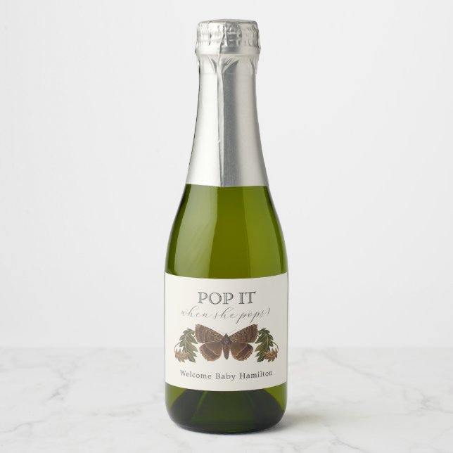 Woodland Botanical Pop It Baby Shower  Sparkling Wine Label (Front)