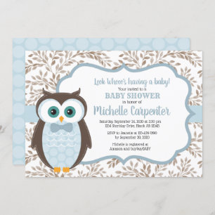 woodland boy baby shower invitation blue brown owl