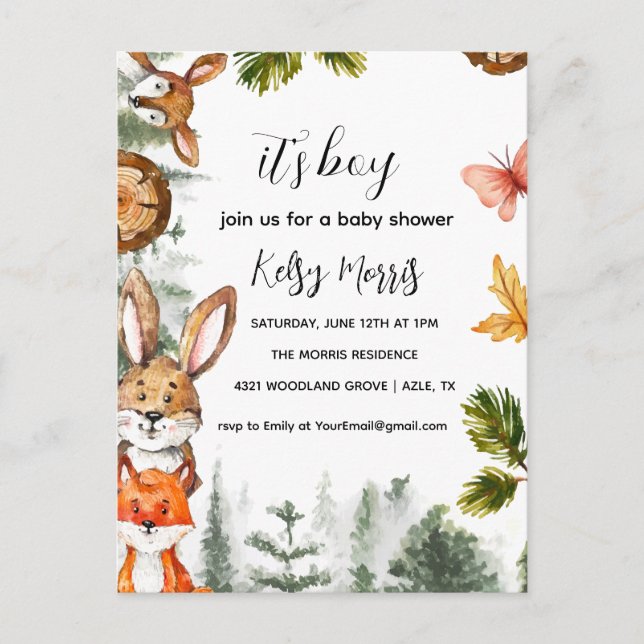 Woodland Boy Baby Shower Invitation, Forest Animal Postcard (Front)
