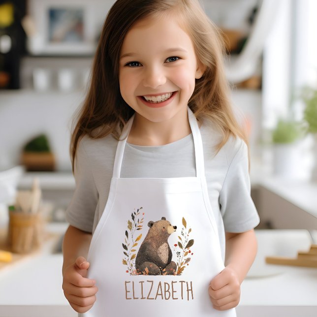 Woodland Brown Bear Cute Personalized Kids Apron (Creator Uploaded)