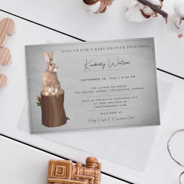 Woodland Bunny Baby Shower | Grey Invitation (Gray Woodland Bunny Baby Shower Invitation)
