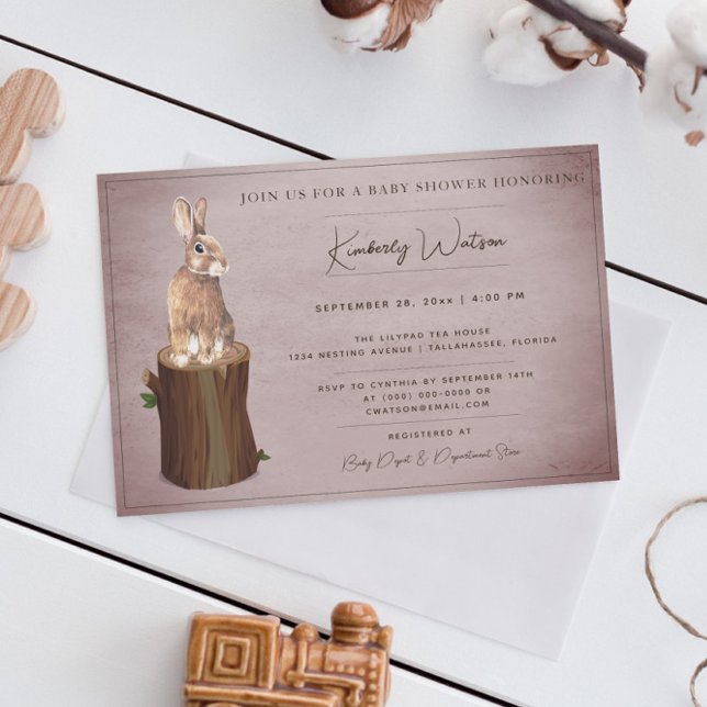 Woodland Bunny Baby Shower | Pink Invitation (Pink Woodland Bunny Baby Shower Invitation)