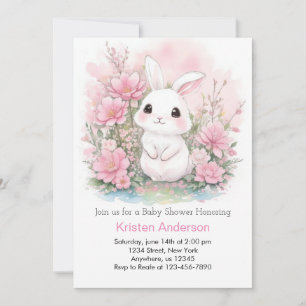 Woodland Bunny Blissful Pink Girl Baby Shower Invitation