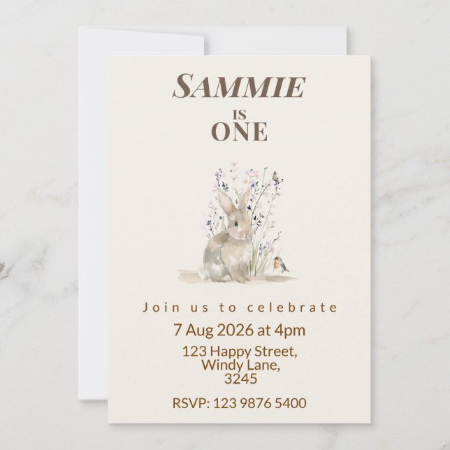 Woodland Bunny First Birthday Invitation (Front)