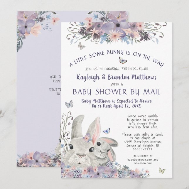 Woodland Bunny Floral Purple Baby Shower By Mail Invitation (Front/Back)