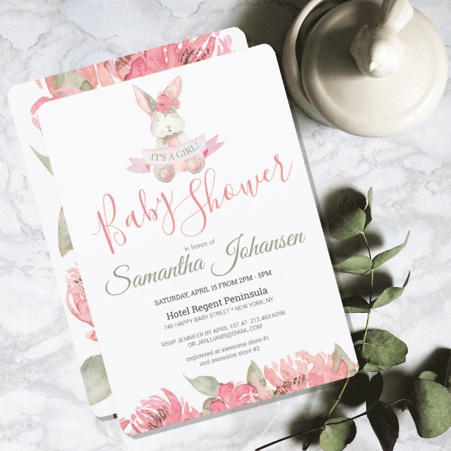 Woodland Bunny Pink Watercolor Floral Baby Shower Invitation (SWEET WOODLAND BUNNY FLORAL BABY SHOWER INVITATION)