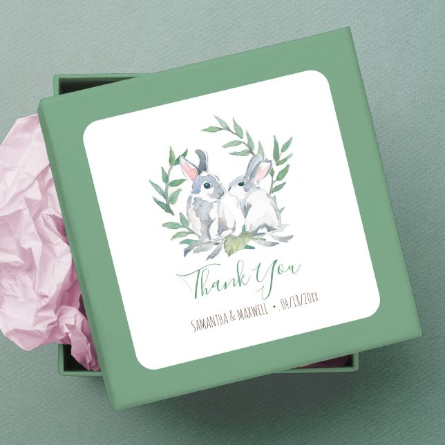 Woodland Bunny Thank You Favour Square Sticker (Thank You Favor Square Sticker Woodland Bunny watercolor art by Victoria Grigaliunas)