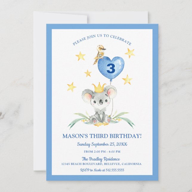 Woodland Bush Baby Koala kids Birthday Invitation (Front)