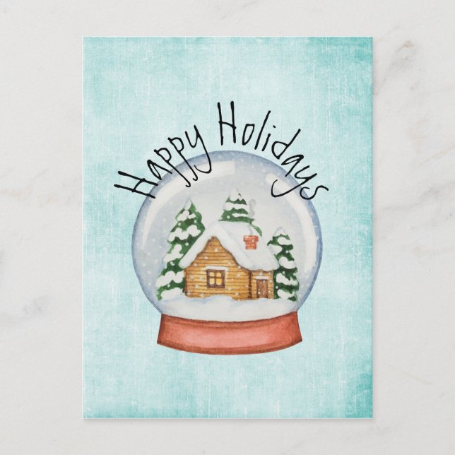 Woodland Cabin Holiday Snow Globe Postcard (Front)
