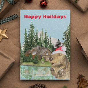 Woodland Cabin Lake Christmas Beaver Watercolor Postcard