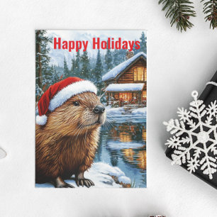 Woodland Cabin Lake Christmas Beaver Watercolor Postcard