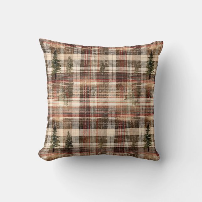 Woodland Cabin Plaid Pine Tree Cushion (Front)