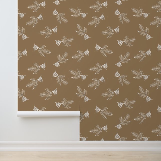 Woodland Cabin Tan Pine & Pinecone Pattern Wallpaper (Application)