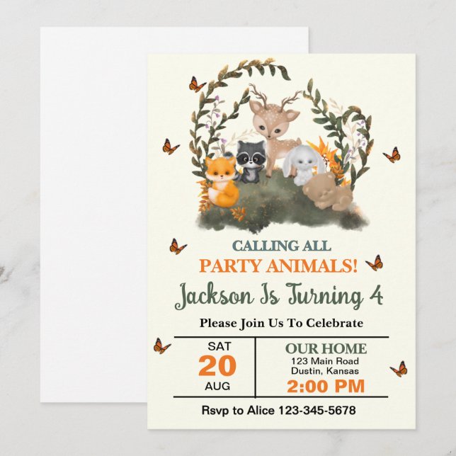 Woodland Calling All Party Animals Birthday Party Invitation (Front/Back)