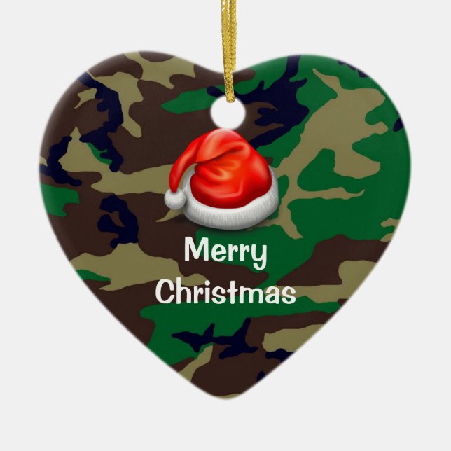 Woodland Camouflage Merry Christmas Heart Ceramic Ornament (Front)