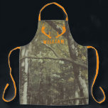 Woodland Camouflage Pattern Orange Deer Antlers Apron<br><div class="desc">A woodland deer hunting camo pattern with orange deer antlers and name at top.</div>