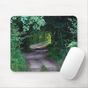 Woodland Canopy With Sunbeams On Dirt Path Mouse Pad