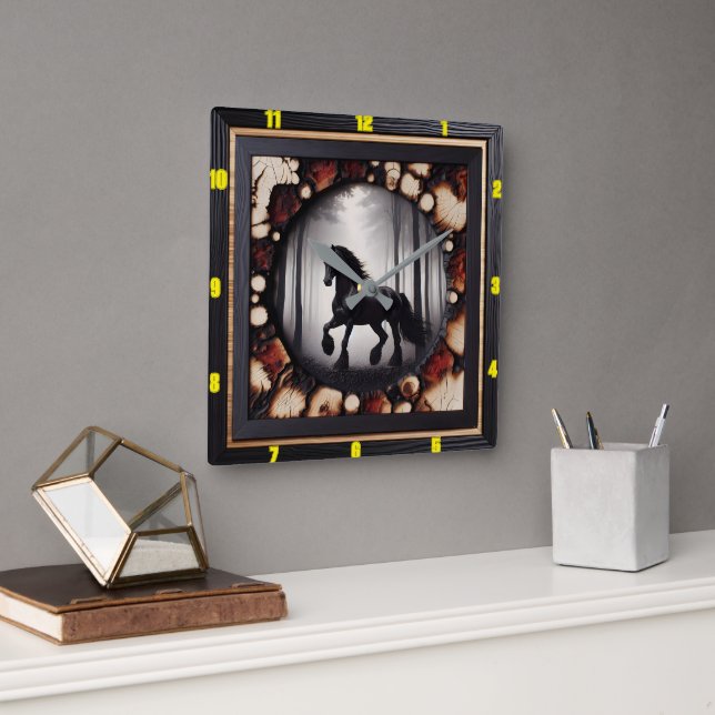 Woodland Canter Personalised Charred Wood Friesian Square Wall Clock (Office)