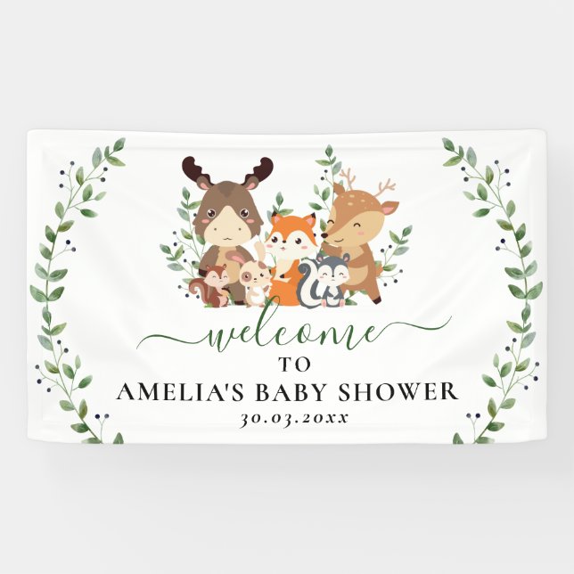 Woodland Chic Greenery Forest Animals Baby Shower Banner (Horizontal)