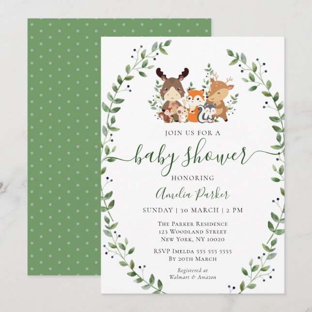 Woodland Chic Greenery Forest Animals Baby Shower Invitation (Front/Back)