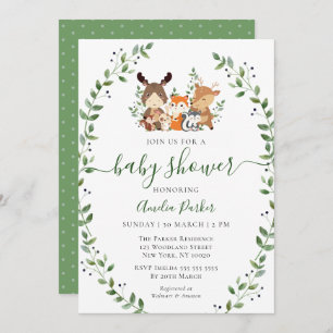 Woodland Chic Greenery Forest Animals Baby Shower Invitation