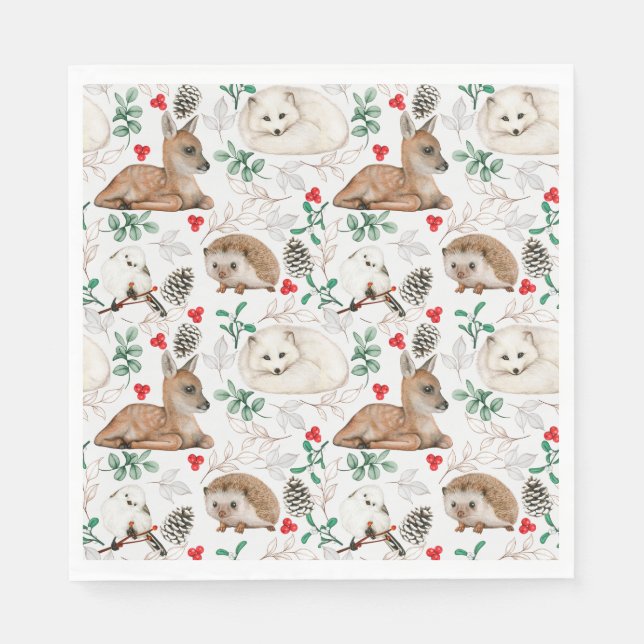 Woodland Chistmas Animals, winter snow theme Napkin (Front)