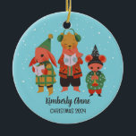 Woodland Christmas Animal Snowy Winter Holiday Ceramic Ornament<br><div class="desc">Cute cartoon animal ornament for kids and children. Perfect for first Christmas celebration with family. You can customise the text for any occasion.</div>