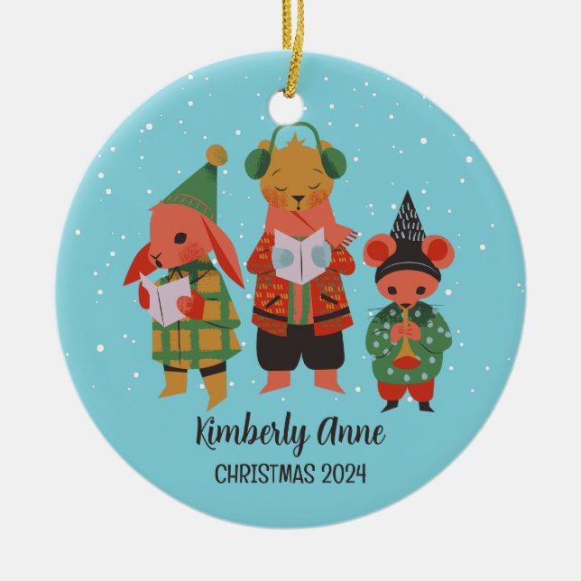 Woodland Christmas Animal Snowy Winter Holiday Ceramic Ornament (Front)