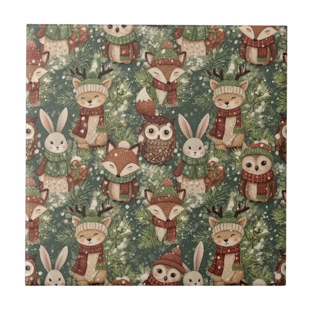 Woodland Christmas Animals Pattern – Cute Winter Ceramic Tile (Front)